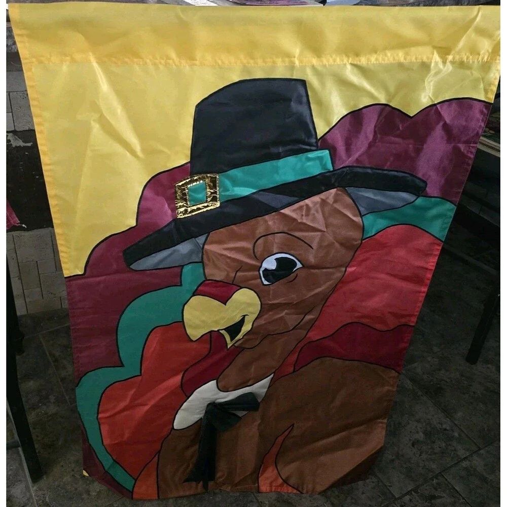 Vtg 1999 Thanksgiving Pilgrim Turkey  Garden Flag 2 Sided 42